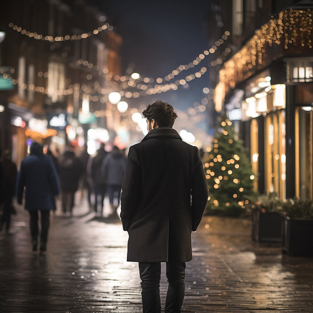 Man walking along a London street in winter / Christmas tree